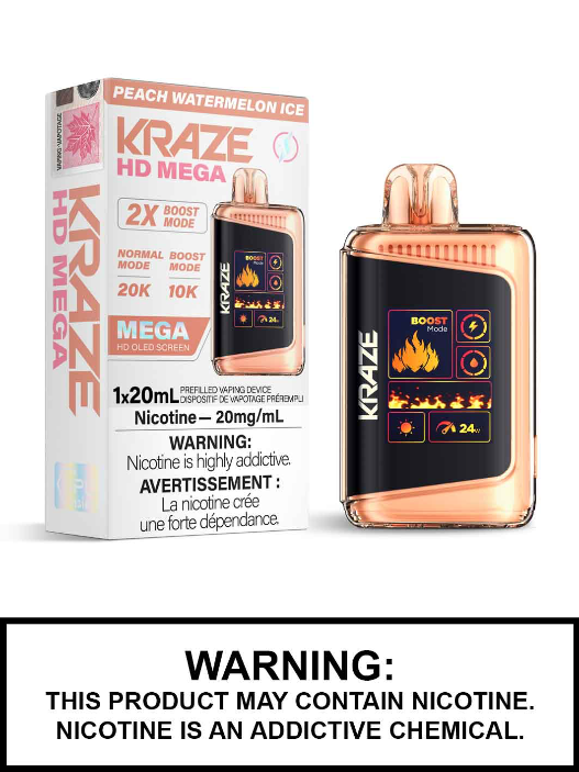 Kraze HD mega glace à la pêche et à la pastèque 20 mg/ml jetable (provincial)