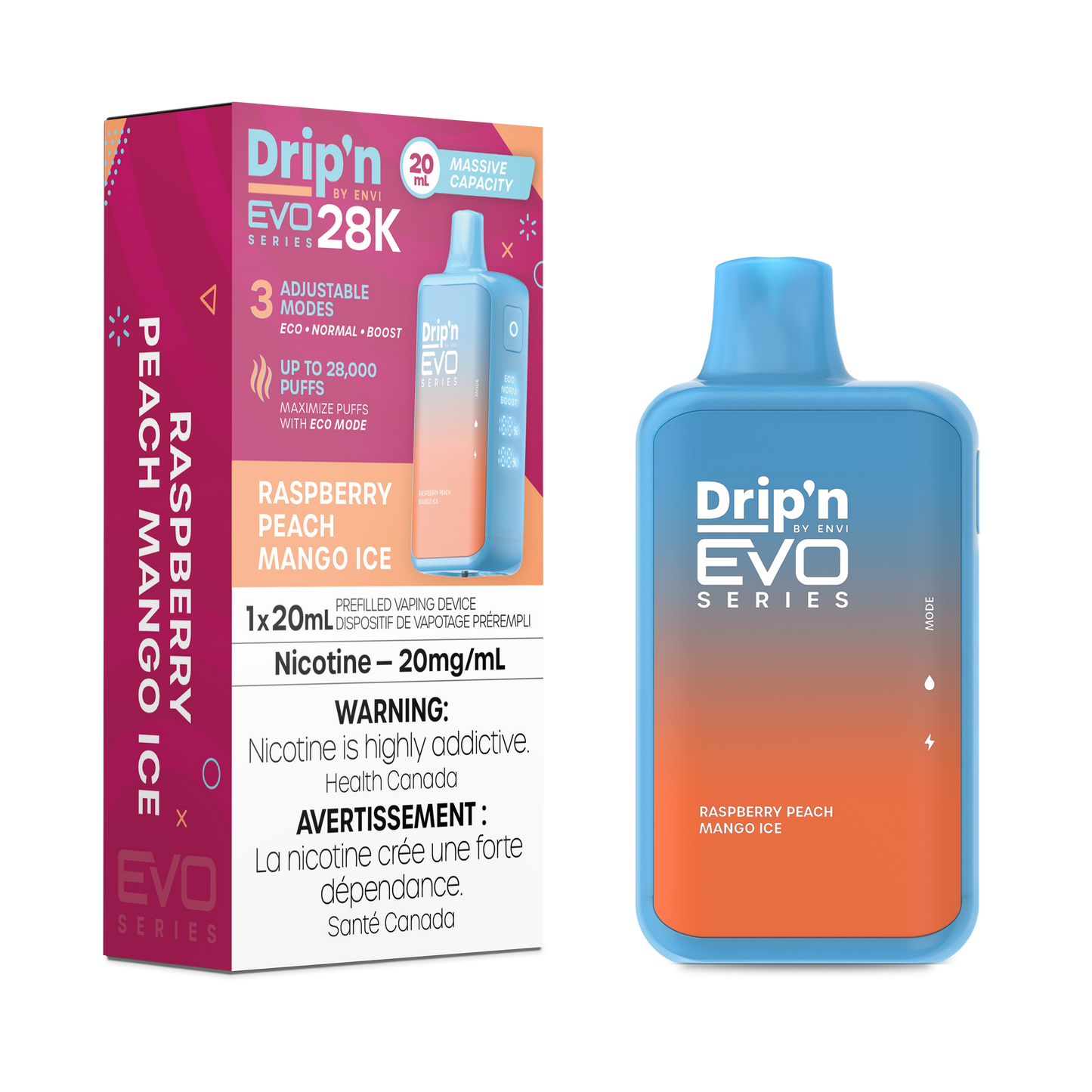 Drip’n EVO 28k – Raspberry Peach Mango ice 20mg/ml disposable